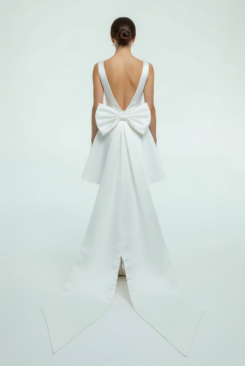Karelia | A - Line Satin V - Neck Short Wedding Dress with Large Bow - KissProm