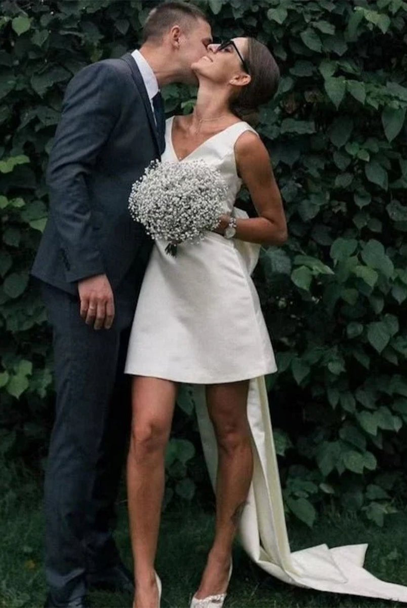 Karelia | A - Line Satin V - Neck Short Wedding Dress with Large Bow - KissProm