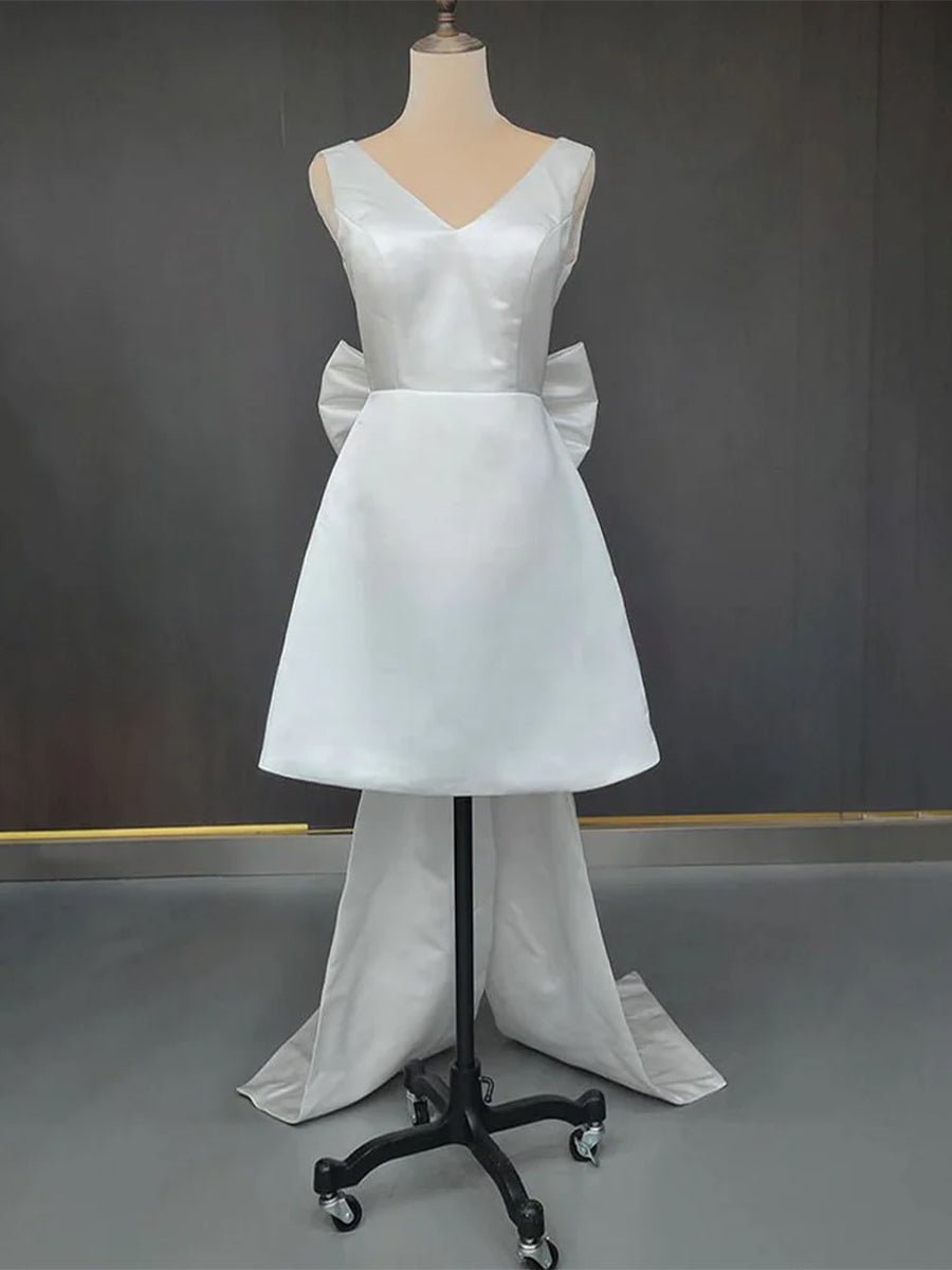 Karelia | A - Line Satin V - Neck Short Wedding Dress with Large Bow - KissProm
