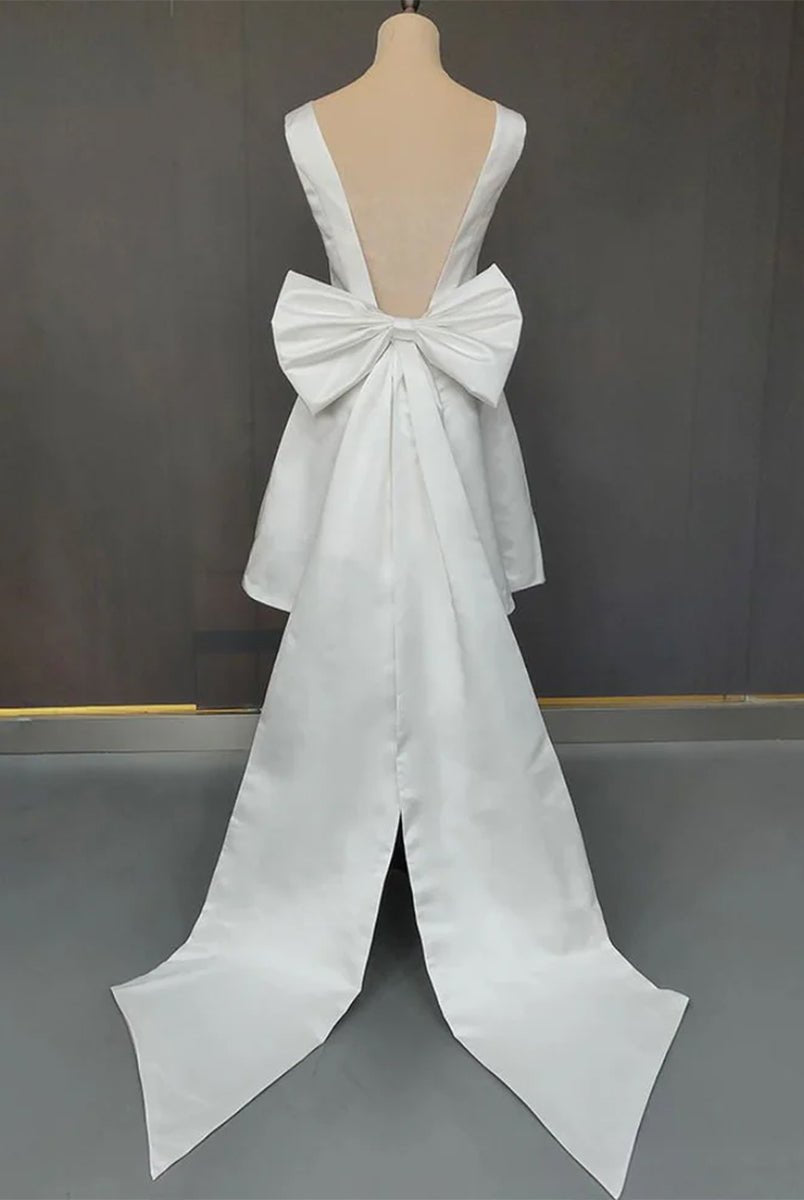 Karelia | A - Line Satin V - Neck Short Wedding Dress with Large Bow - KissProm