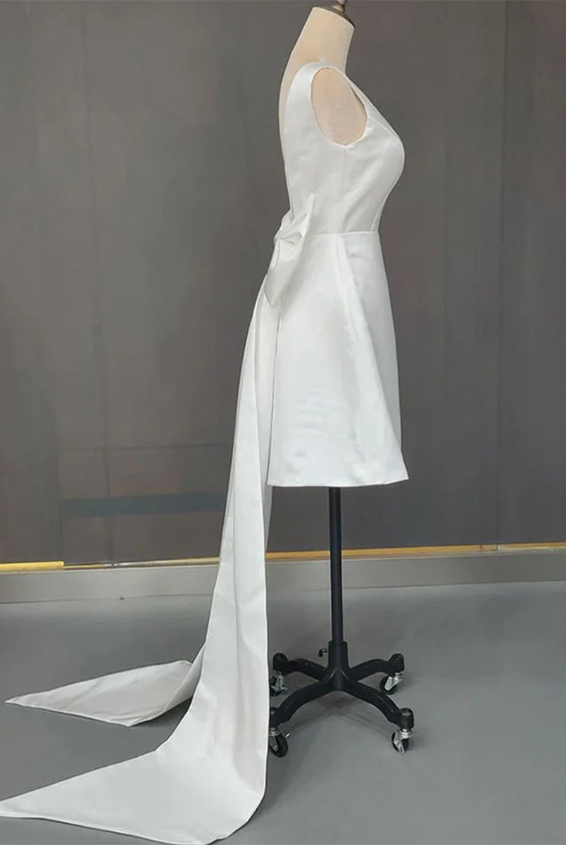 Karelia | A - Line Satin V - Neck Short Wedding Dress with Large Bow - KissProm