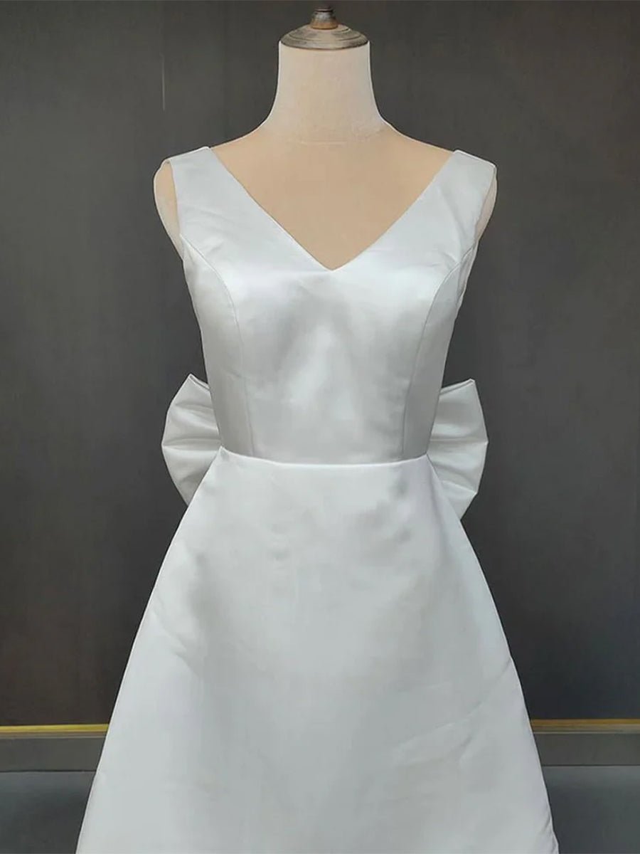 Karelia | A - Line Satin V - Neck Short Wedding Dress with Large Bow - KissProm
