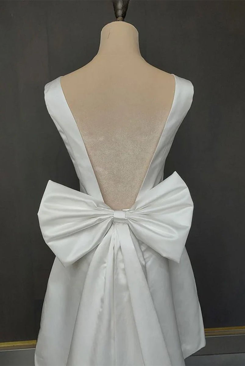 Karelia | A - Line Satin V - Neck Short Wedding Dress with Large Bow - KissProm