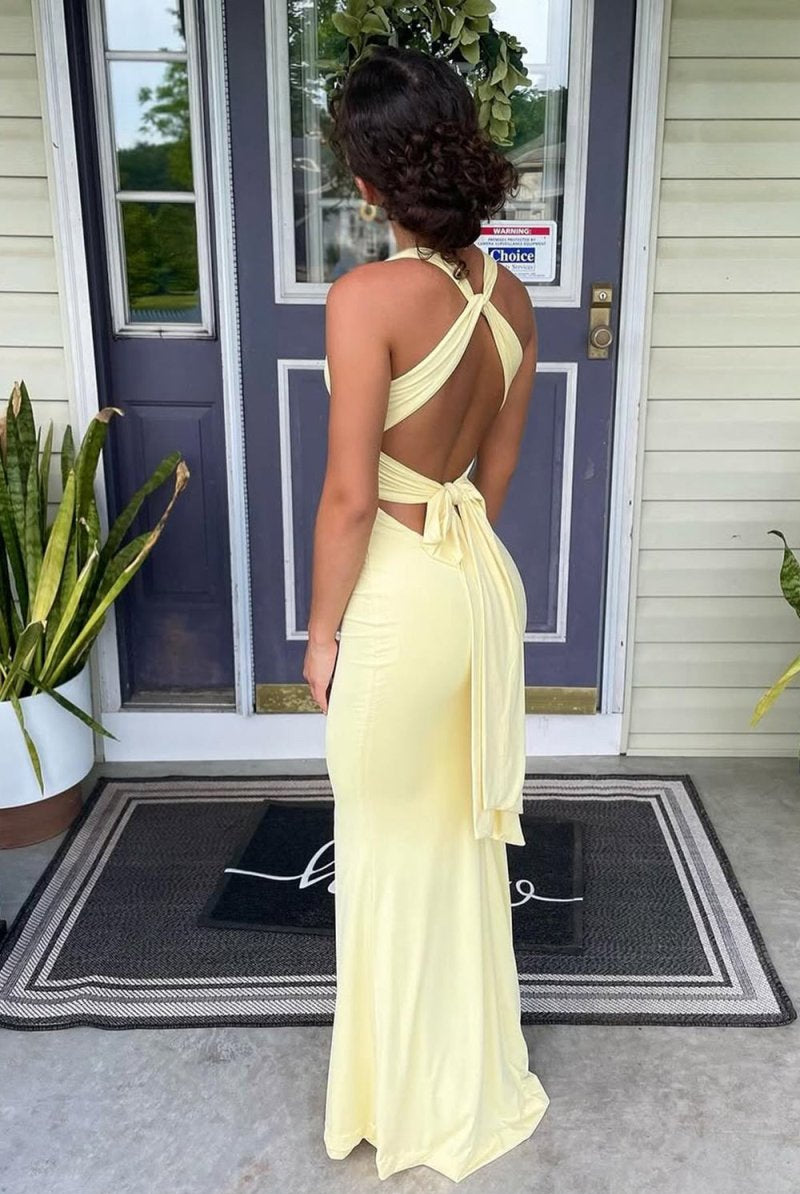 KissProm - Reed - Yellow - Halter Mermaid Pleated Open Back Long Prom Dresses