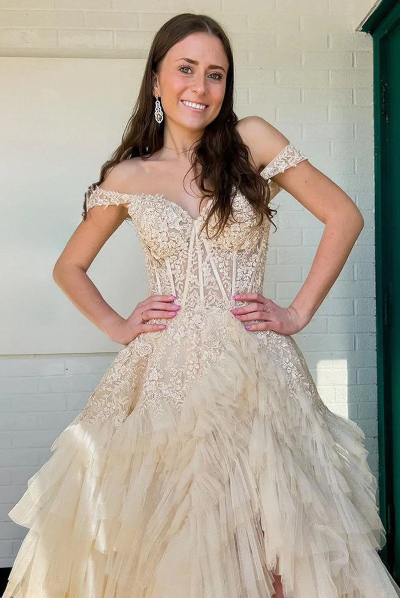 Kashi | Champagne Off the Shoulder Tulle Prom Dress With Appliques