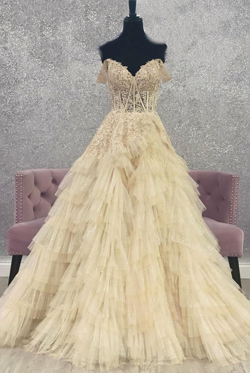 Kashi | Champagne Off the Shoulder Tulle Prom Dress With Appliques