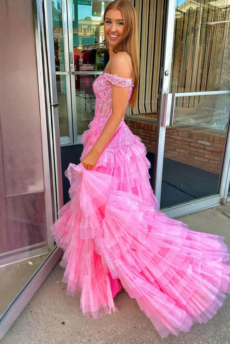 Kashi | Champagne Off the Shoulder Tulle Prom Dress With Appliques