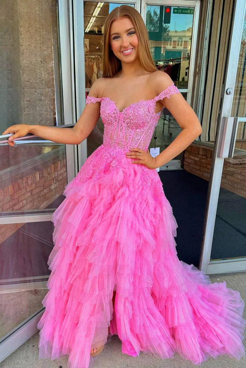 Kashi | Champagne Off the Shoulder Tulle Prom Dress With Appliques