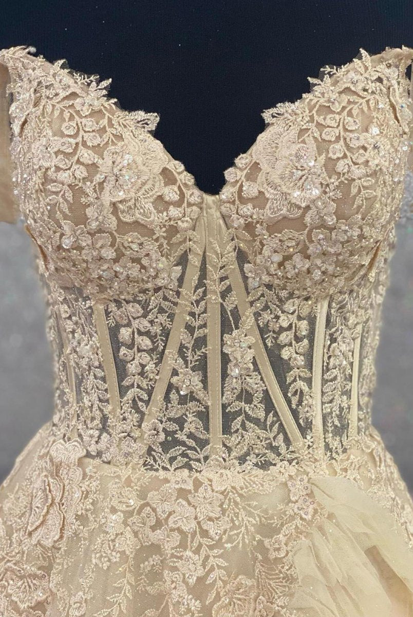 Kashi | Champagne Off the Shoulder Tulle Prom Dress With Appliques