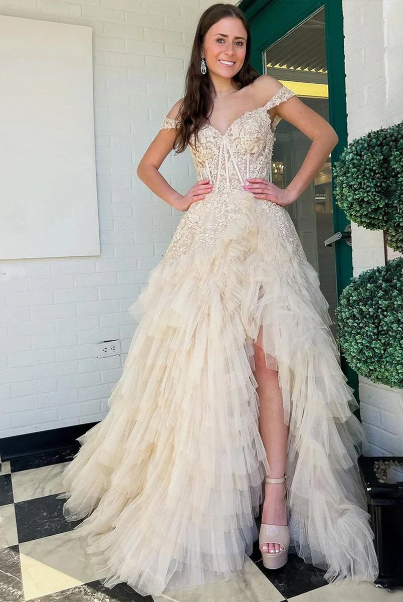 Kashi | Champagne Off the Shoulder Tulle Prom Dress With Appliques