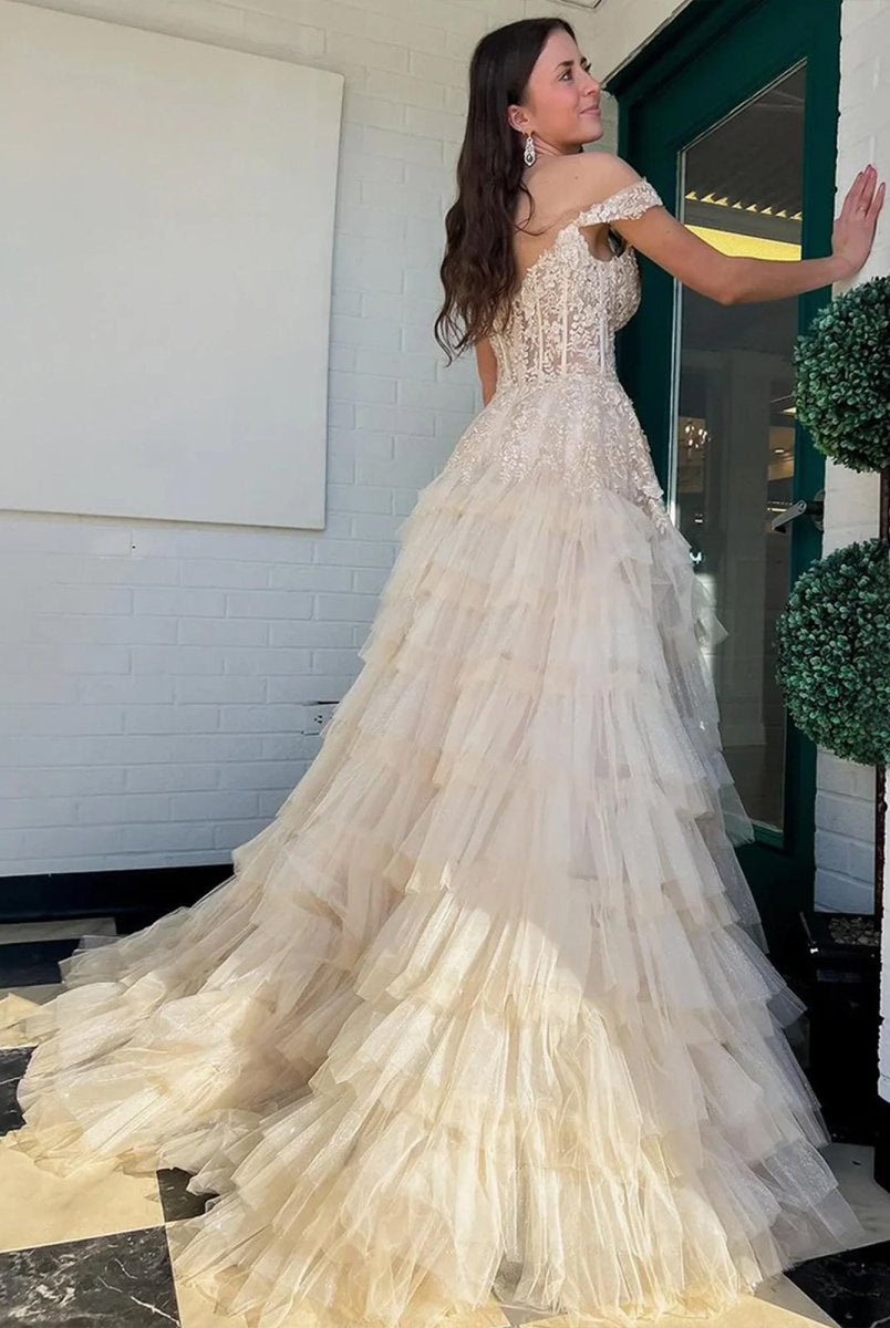 Kashi | Champagne Off the Shoulder Tulle Prom Dress With Appliques
