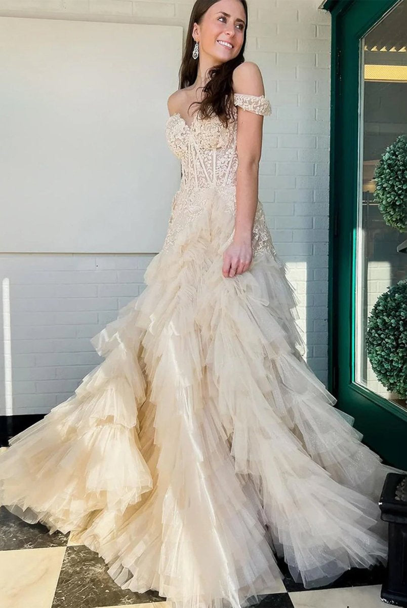 Kashi | Champagne Off the Shoulder Tulle Prom Dress With Appliques