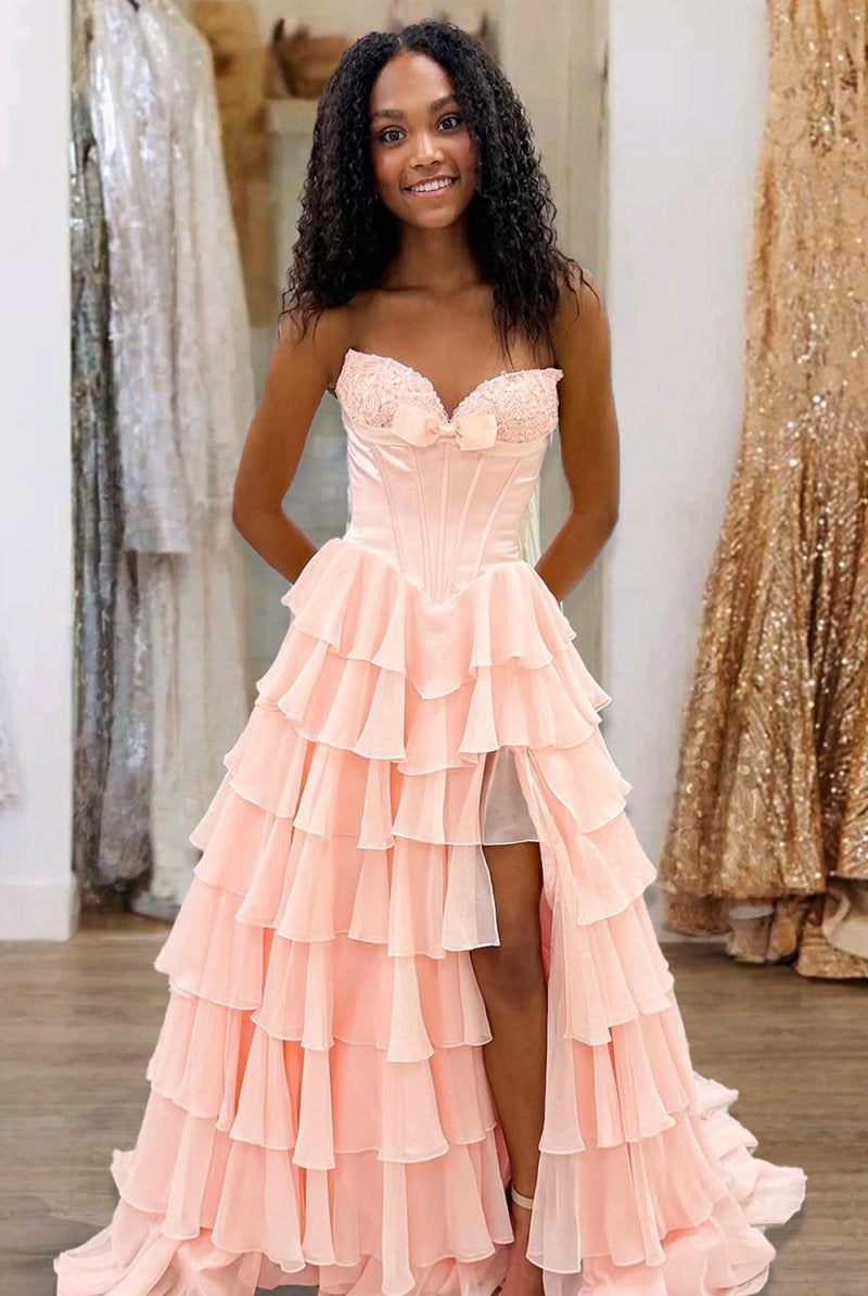 Kea | Fuchsia - A Line Strapless Chiffon Ruffled Long Formal Prom Dresses With Bow - KissProm