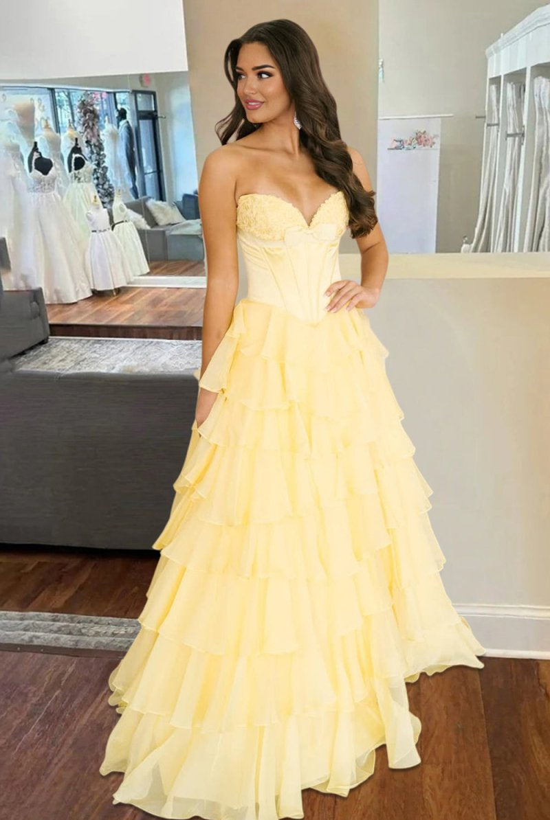 Kea | Fuchsia - A Line Strapless Chiffon Ruffled Long Formal Prom Dresses With Bow - KissProm