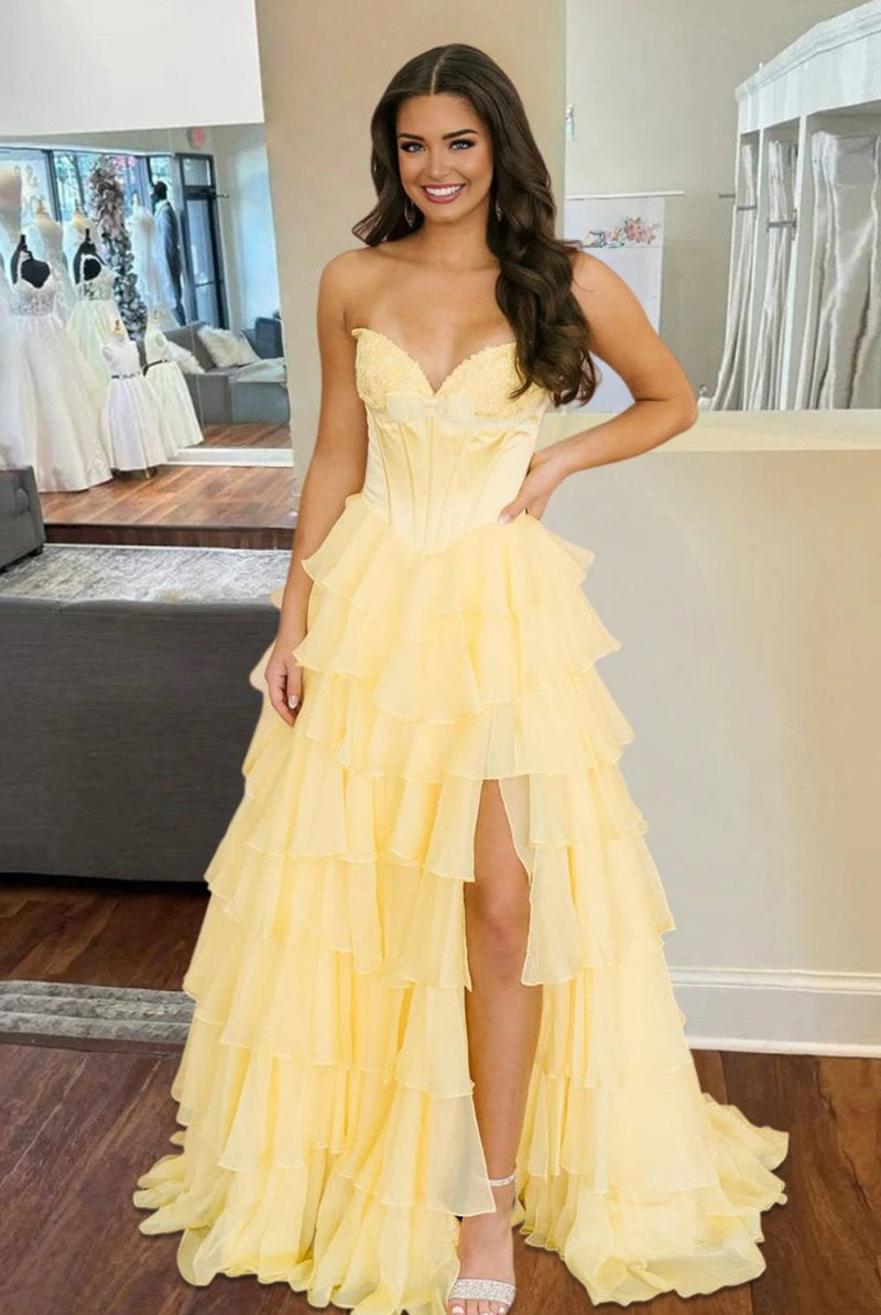 Kea | Fuchsia - A Line Strapless Chiffon Ruffled Long Formal Prom Dresses With Bow - KissProm