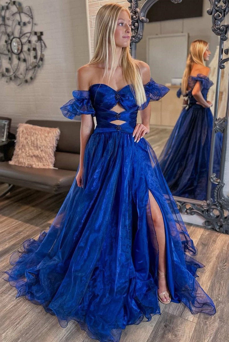 Keilani | Royal Blue Strapless Keyhole Balloon Sleeves Long Prom Dress - KissProm