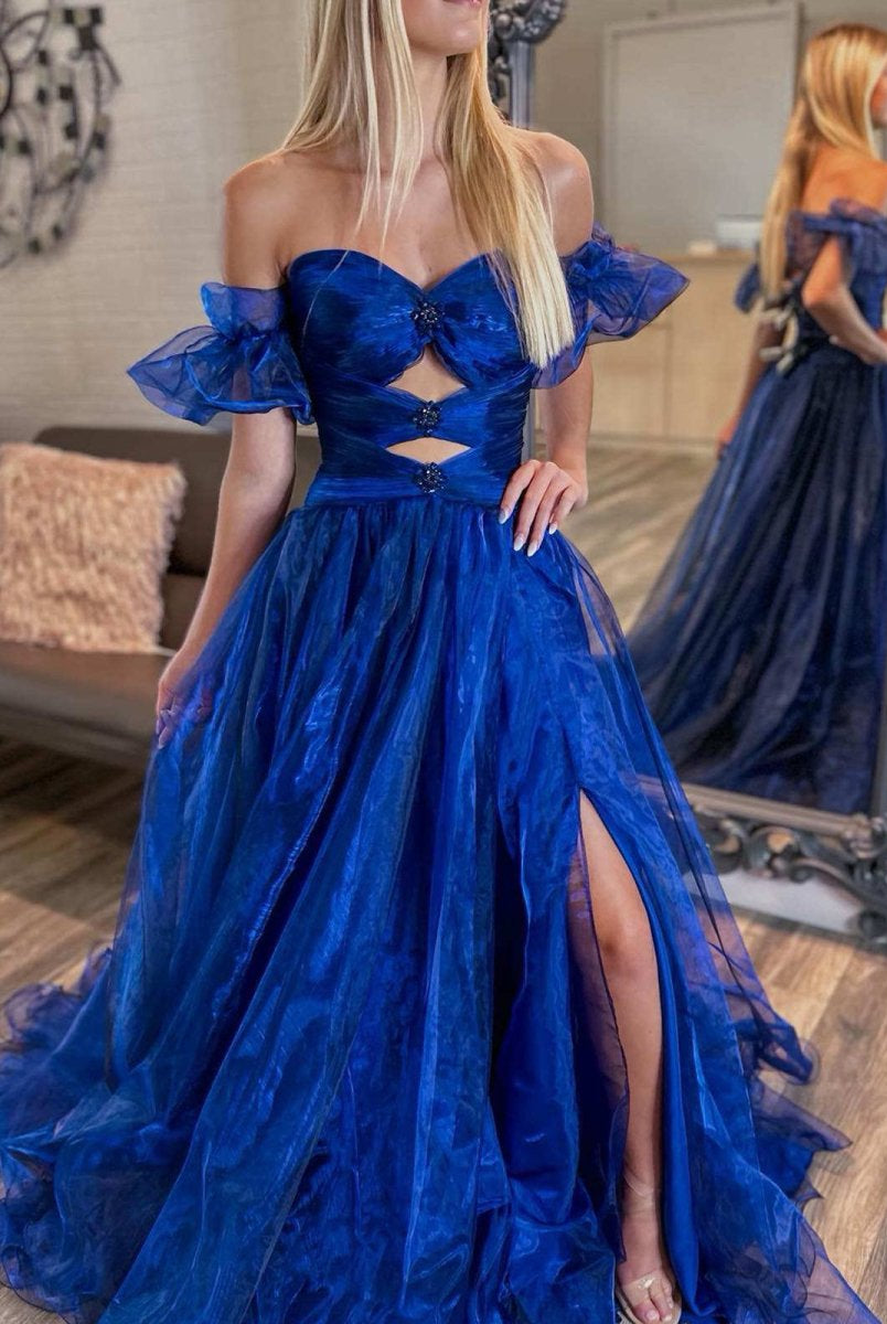 Keilani | Royal Blue Strapless Keyhole Balloon Sleeves Long Prom Dress - KissProm