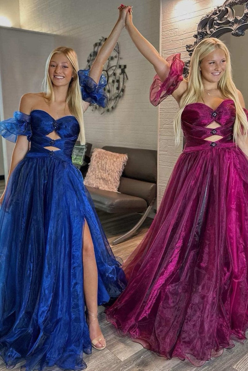 Keilani | Royal Blue Strapless Keyhole Balloon Sleeves Long Prom Dress - KissProm