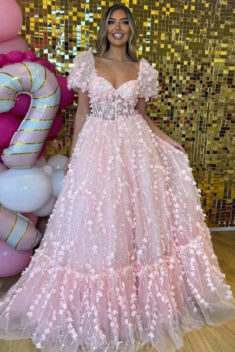 Keisha | Princess Pink Sweetheart Puffy Sleeeves Prom Dress with 3D Flower