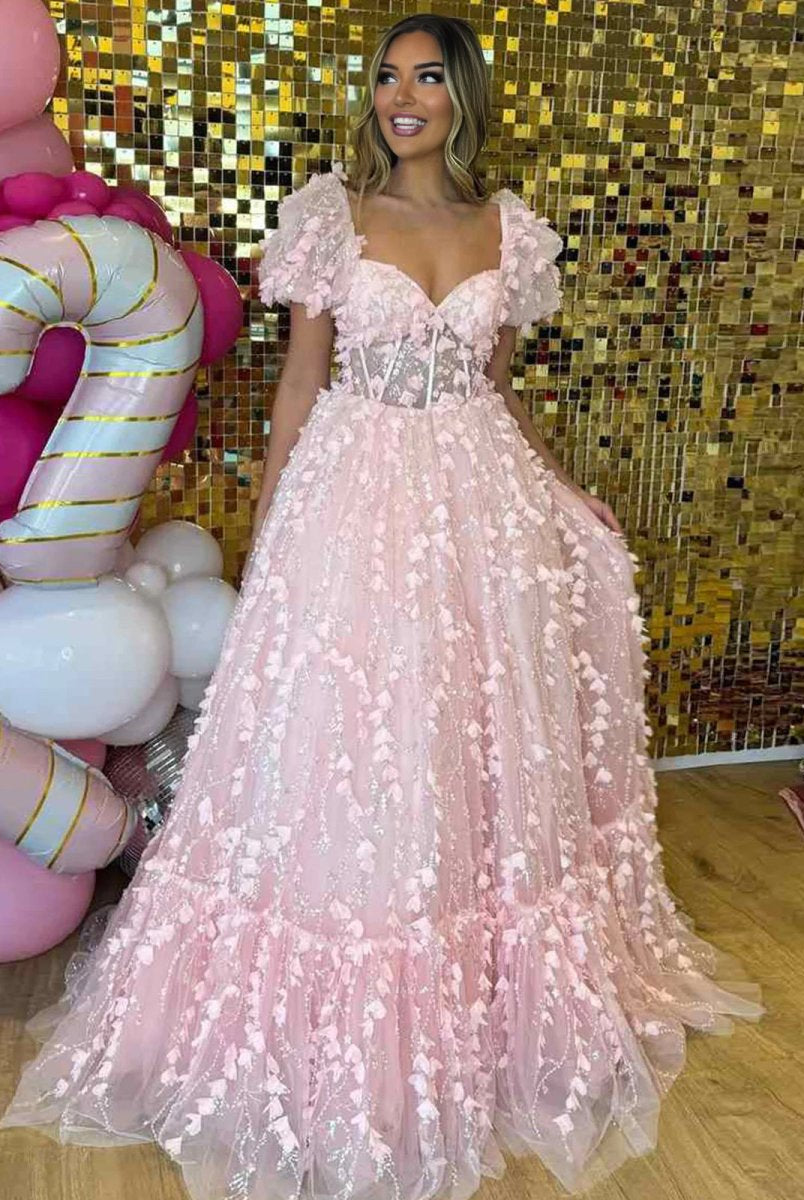 Keisha | Princess Pink Sweetheart Puffy Sleeeves Prom Dress with 3D Flower