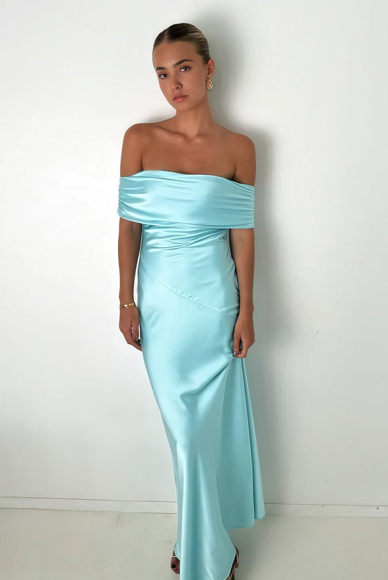 KissProm-Kessira Aqua Sheath Off The Shoulder Satin Long Prom Dresses