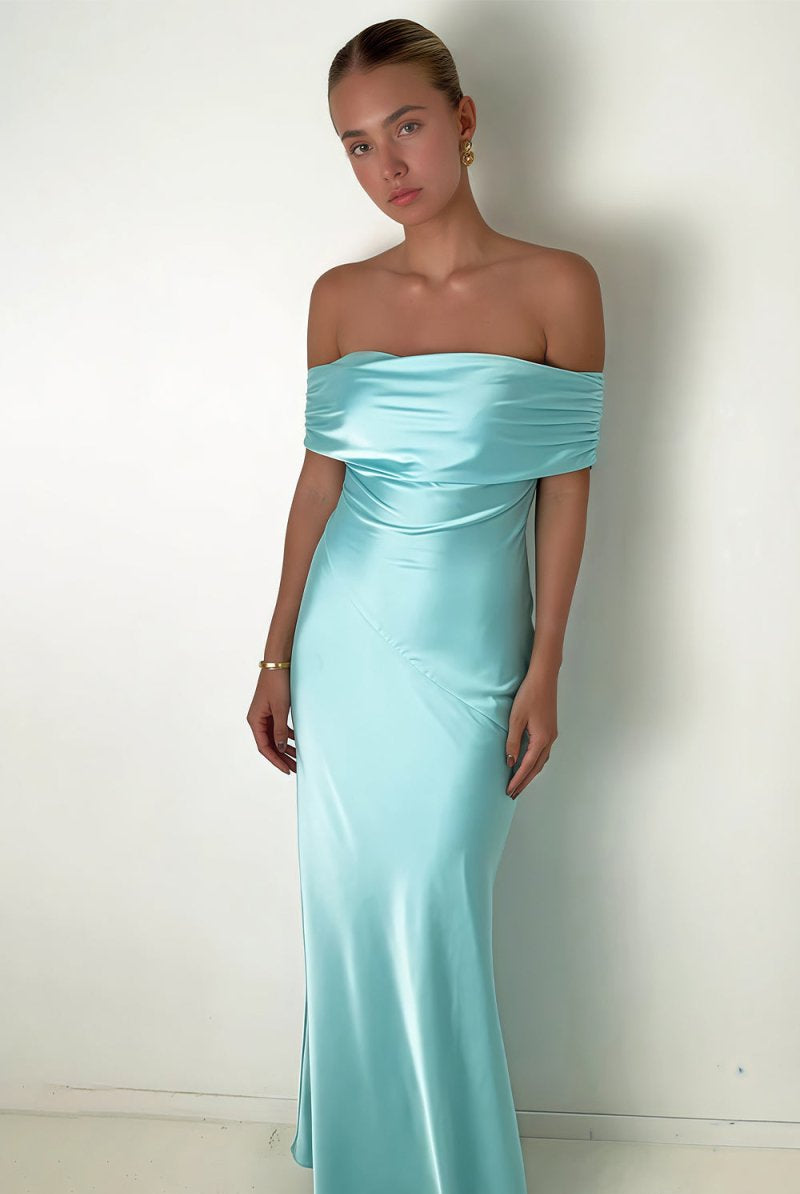 KissProm-Kessira Aqua Sheath Off The Shoulder Satin Long Prom Dresses