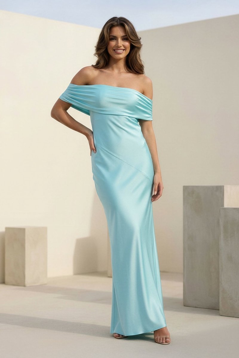 Kessira | Aqua - Sheath Off The Shoulder Satin Long Prom Dresses - KissProm