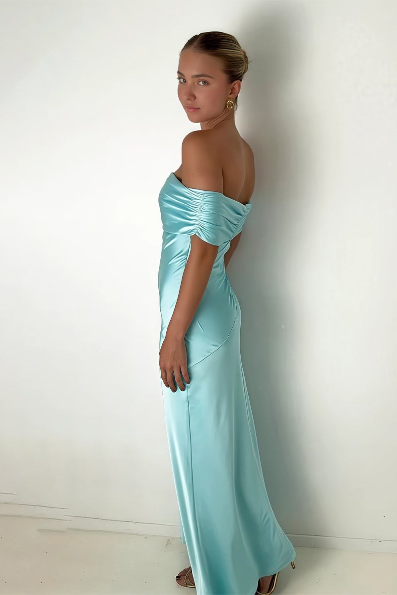 KissProm-Kessira Aqua Sheath Off The Shoulder Satin Long Prom Dresses