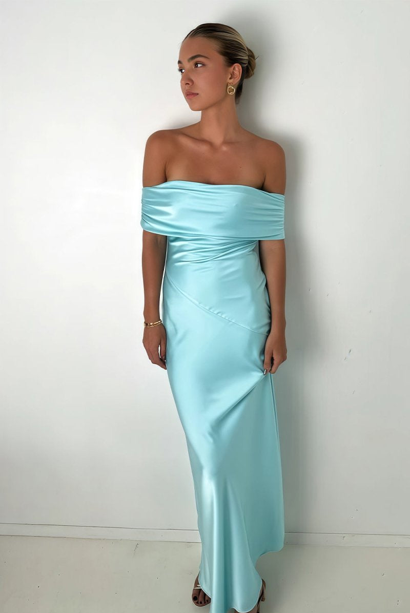 KissProm-Kessira Aqua Sheath Off The Shoulder Satin Long Prom Dresses