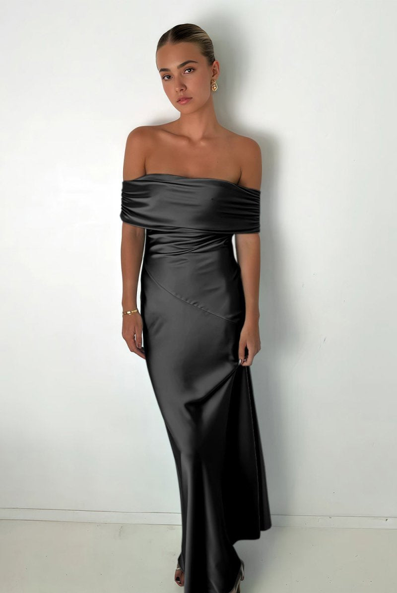 Kessira | Aqua - Sheath Off The Shoulder Satin Long Prom Dresses - KissProm