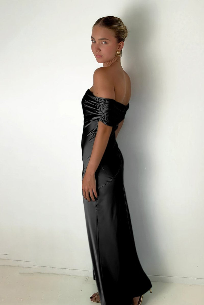 Kessira | Aqua - Sheath Off The Shoulder Satin Long Prom Dresses - KissProm