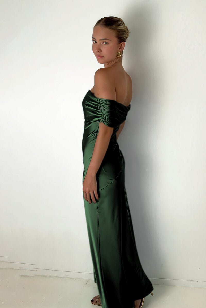 Kessira | Aqua - Sheath Off The Shoulder Satin Long Prom Dresses - KissProm