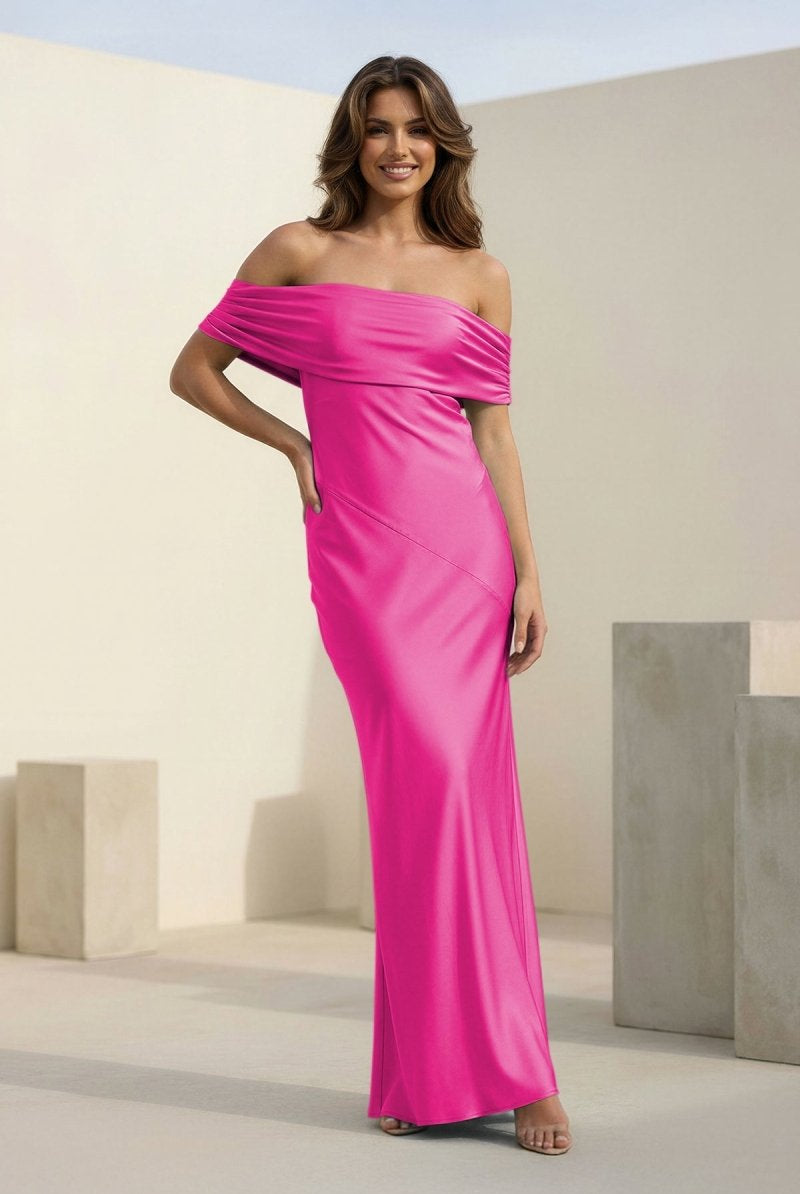 Kessira | Aqua - Sheath Off The Shoulder Satin Long Prom Dresses - KissProm