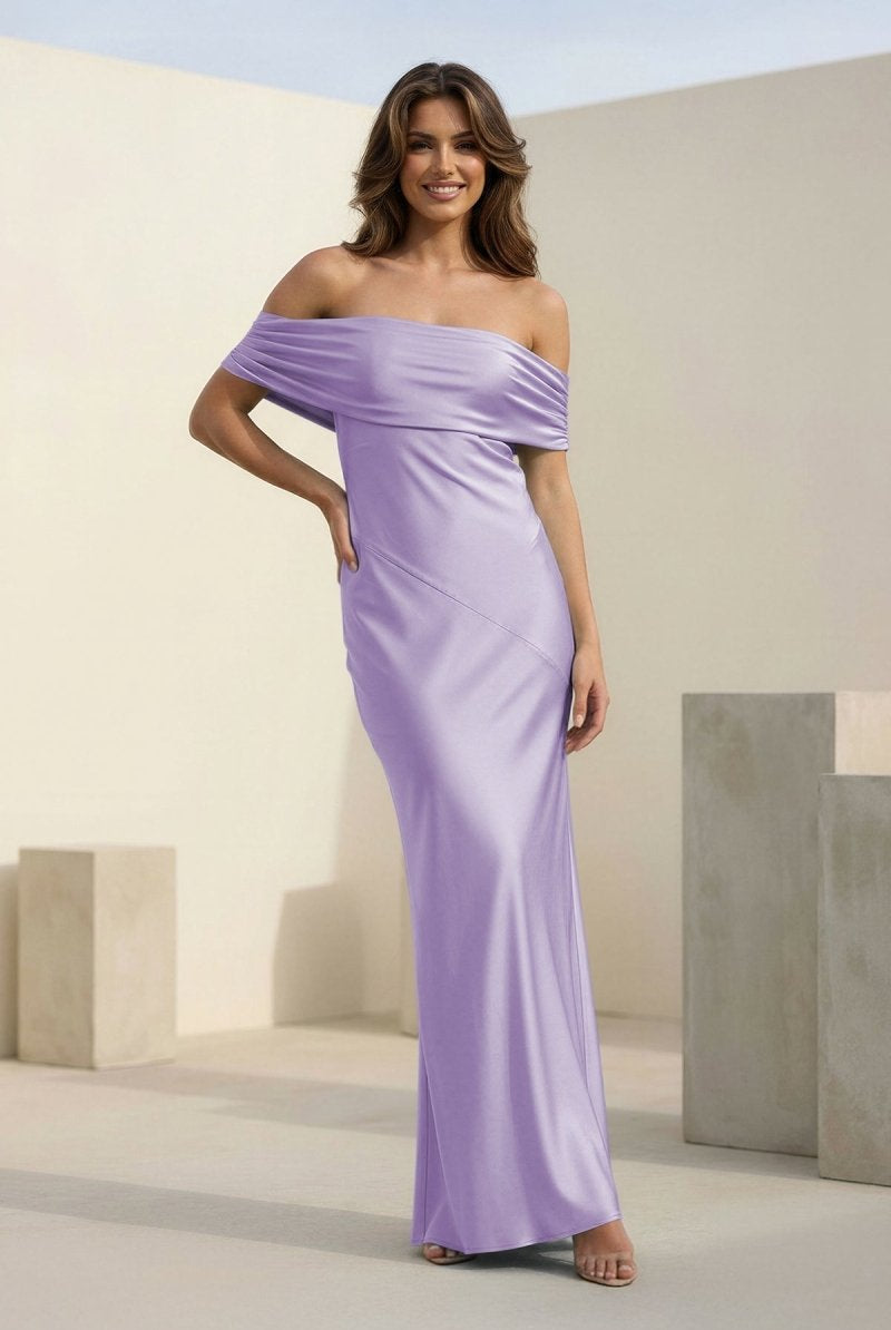 Kessira | Aqua - Sheath Off The Shoulder Satin Long Prom Dresses - KissProm
