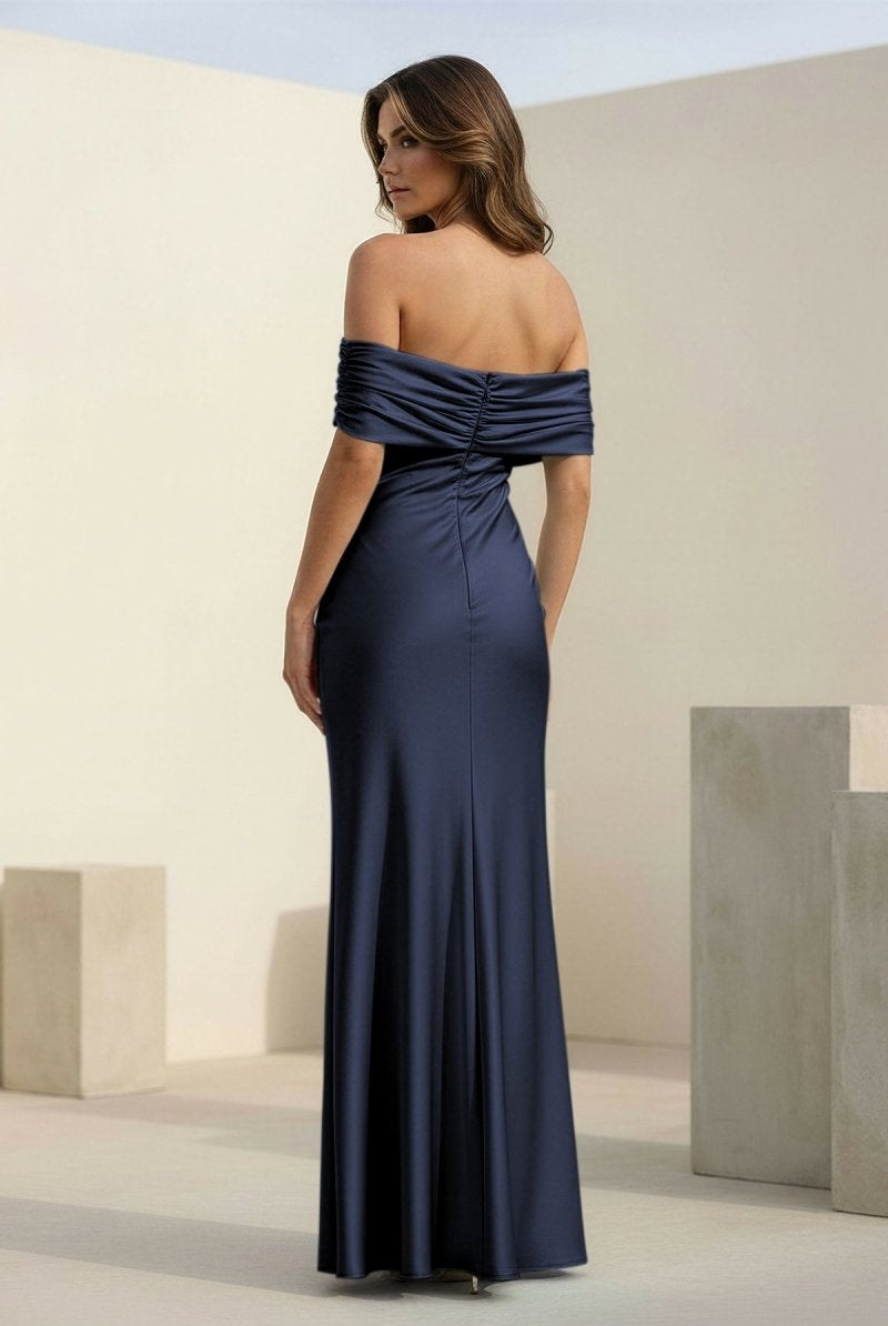 Kessira | Aqua - Sheath Off The Shoulder Satin Long Prom Dresses - KissProm