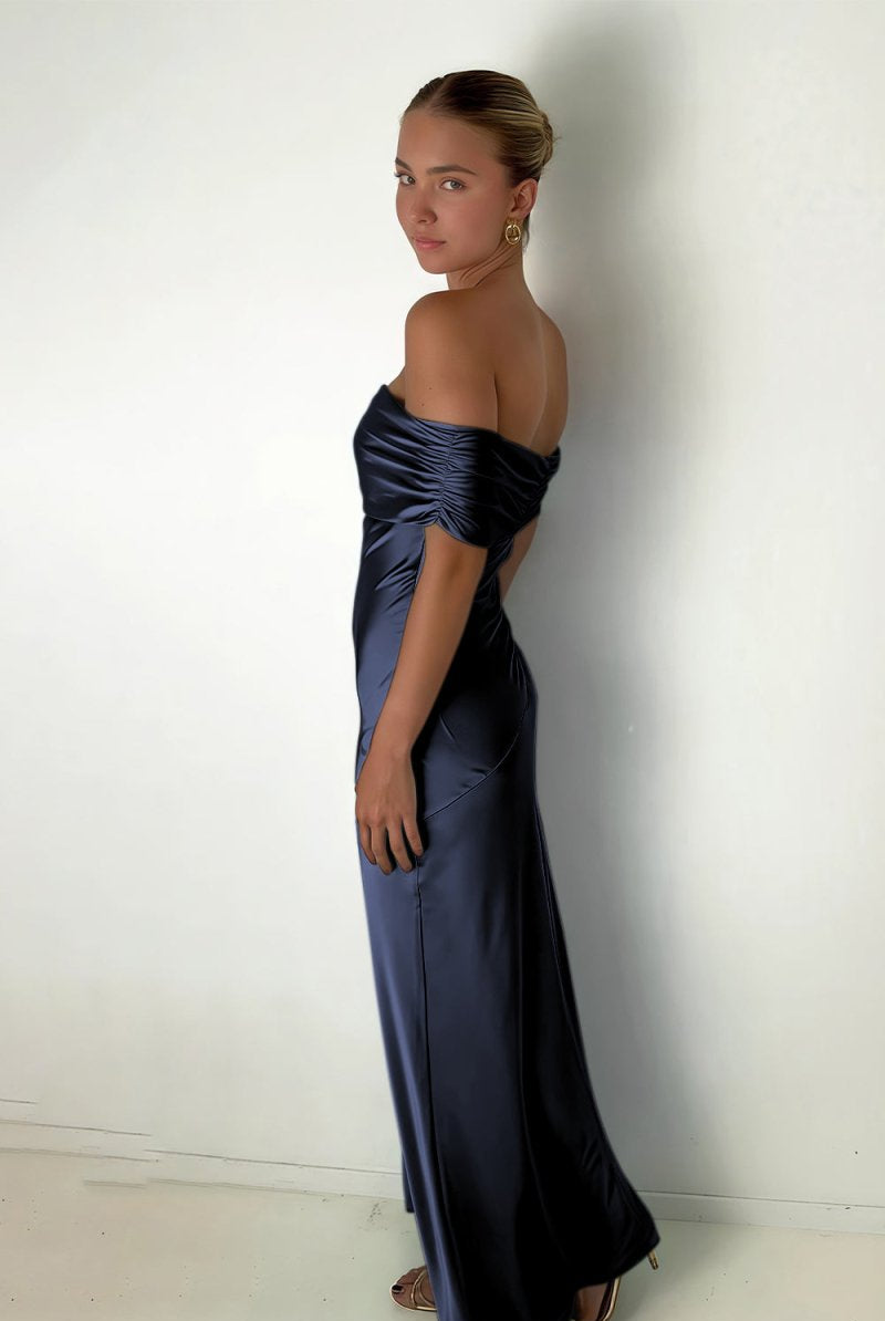 Kessira | Aqua - Sheath Off The Shoulder Satin Long Prom Dresses - KissProm
