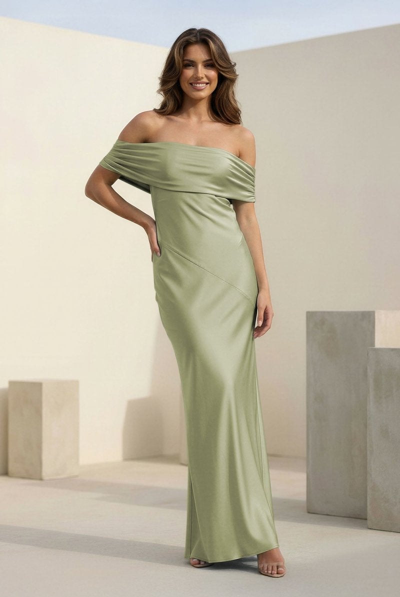 Kessira | Aqua - Sheath Off The Shoulder Satin Long Prom Dresses - KissProm
