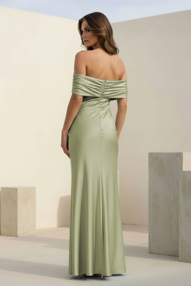 Kessira | Aqua - Sheath Off The Shoulder Satin Long Prom Dresses - KissProm