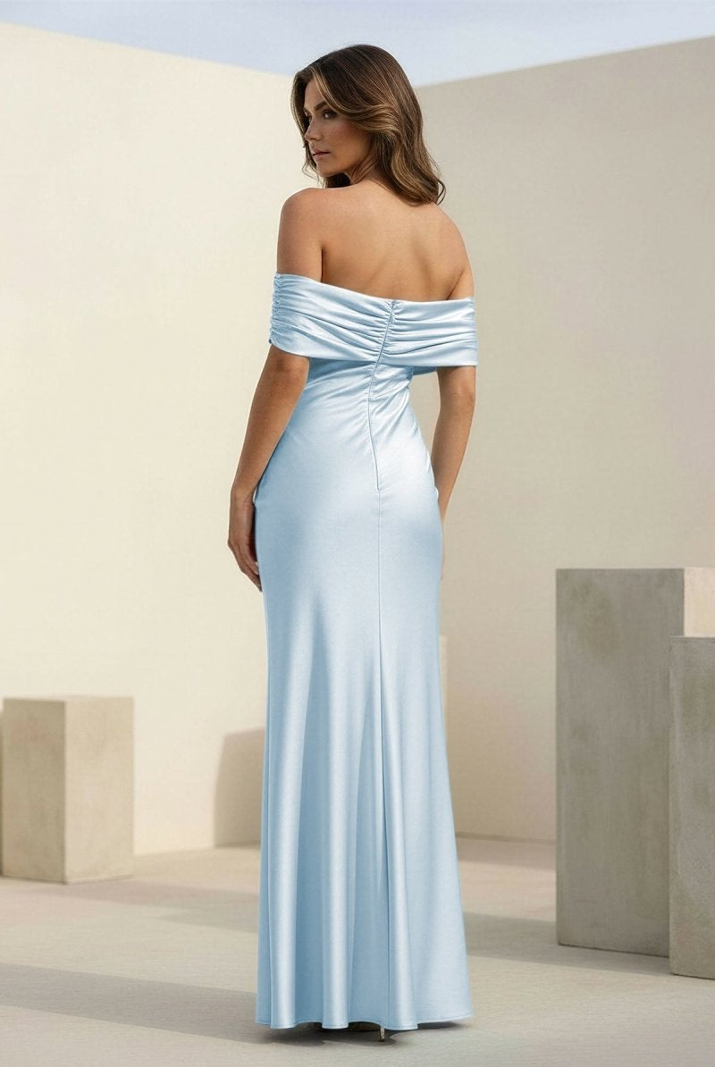 Kessira | Aqua - Sheath Off The Shoulder Satin Long Prom Dresses - KissProm