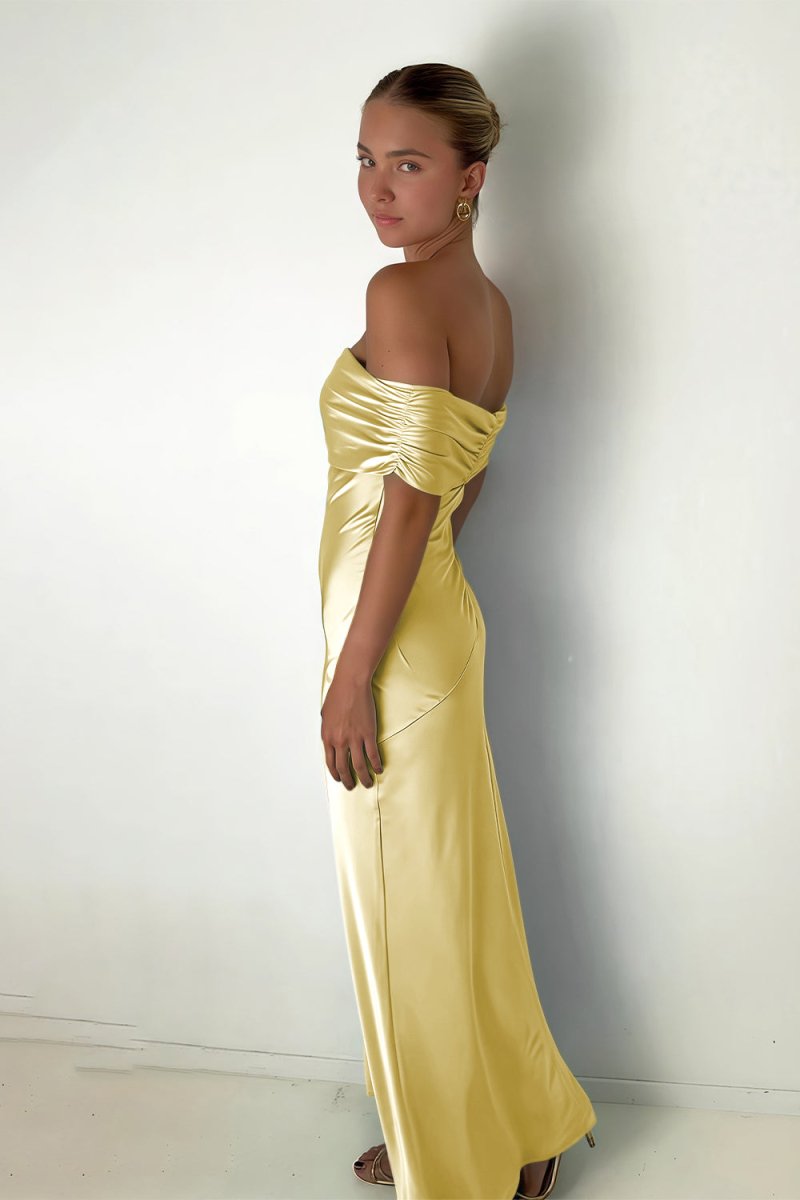 Kessira | Yellow - Sheath Off The Shoulder Satin Long Prom Dresses - KissProm