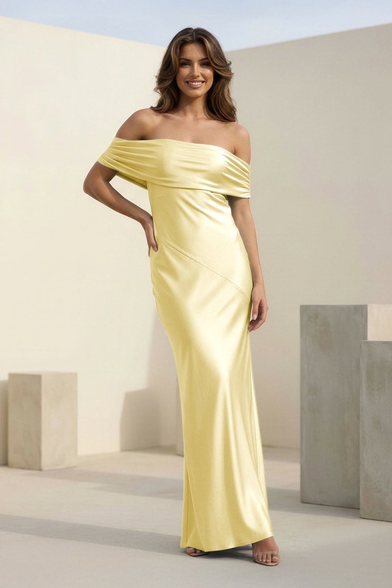 Kessira | Aqua - Sheath Off The Shoulder Satin Long Prom Dresses - KissProm