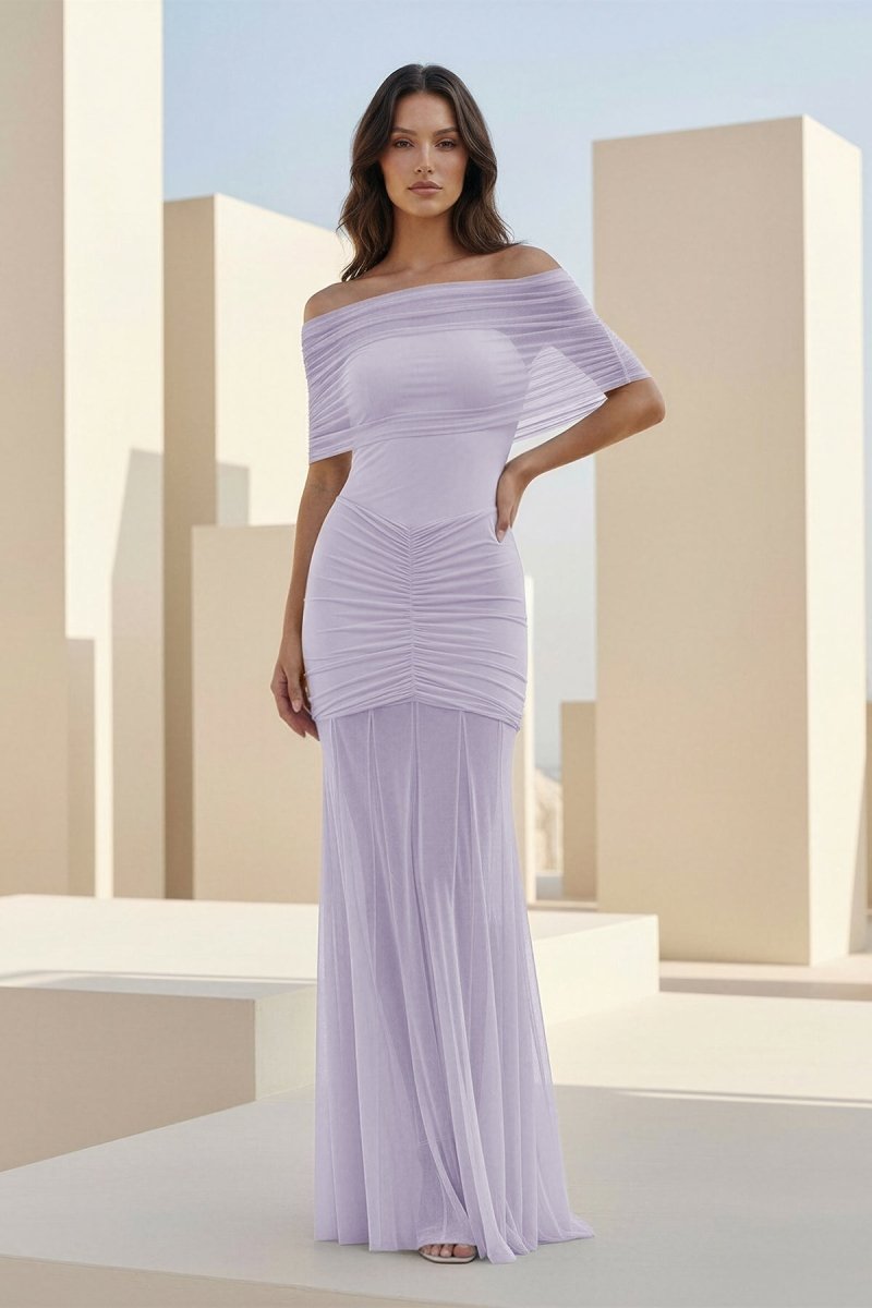 Kessy | Lavender - Mermaid Off The Shoulder Ruched Tulle Long Prom Dresses-KissProm