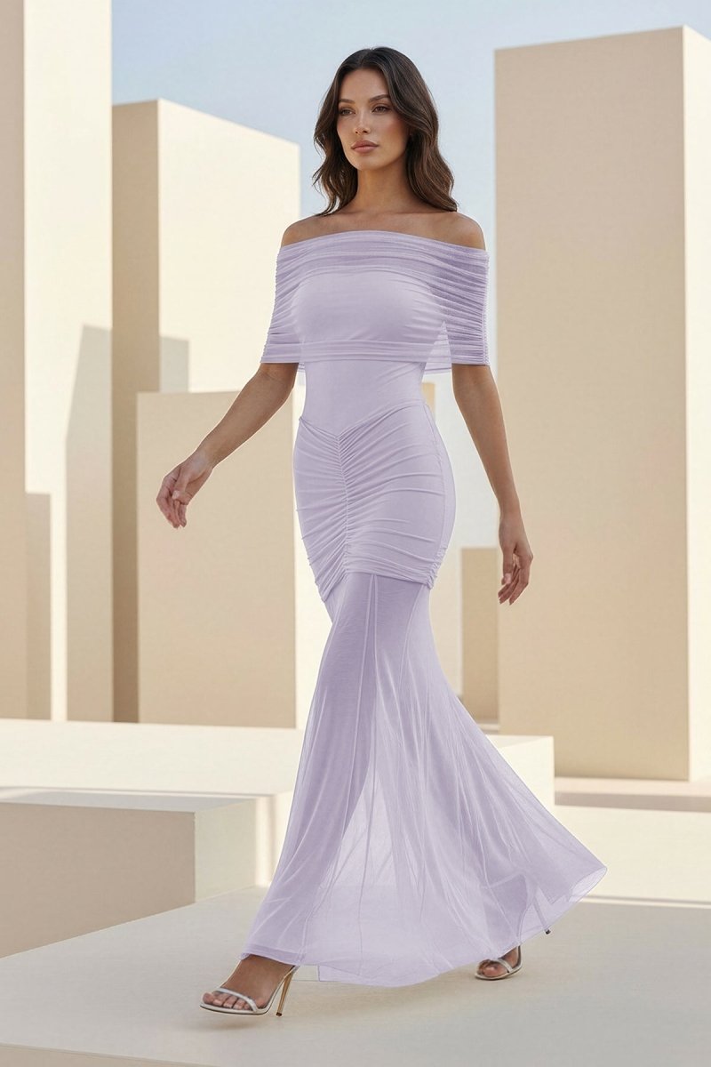 Kessy | Red - Mermaid Off The Shoulder Ruched Tulle Long Prom Dresses - KissProm