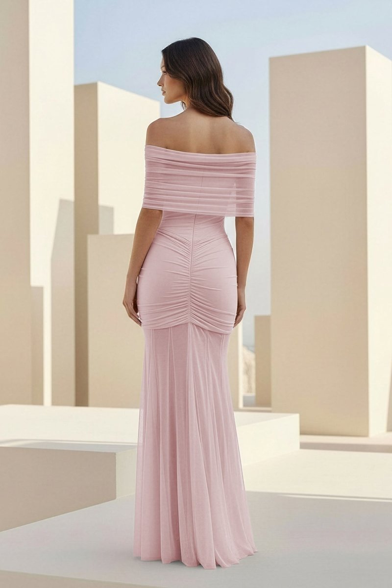 Kessy | Pink - Mermaid Off The Shoulder Ruched Tulle Long Prom Dresses-KissProm