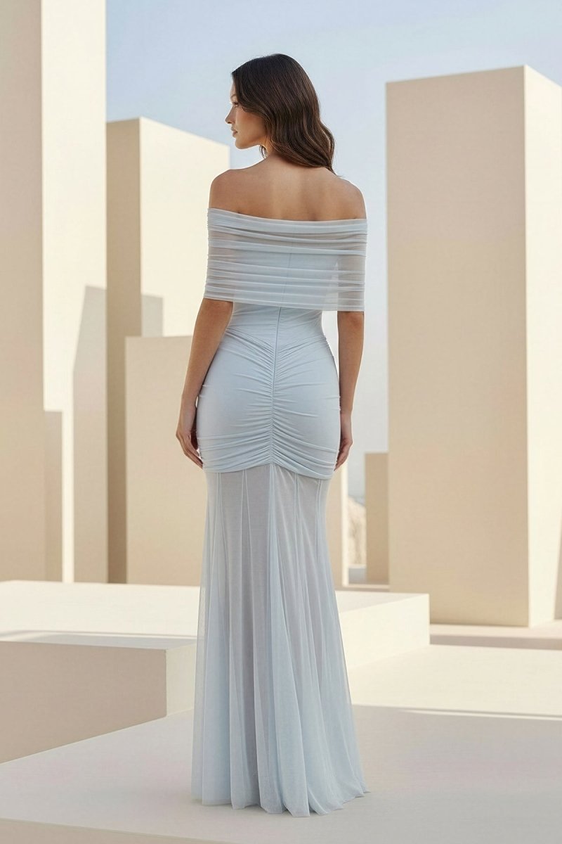 Kessy | Sky Blue - Mermaid Off The Shoulder Ruched Tulle Long Prom Dresses - KissProm