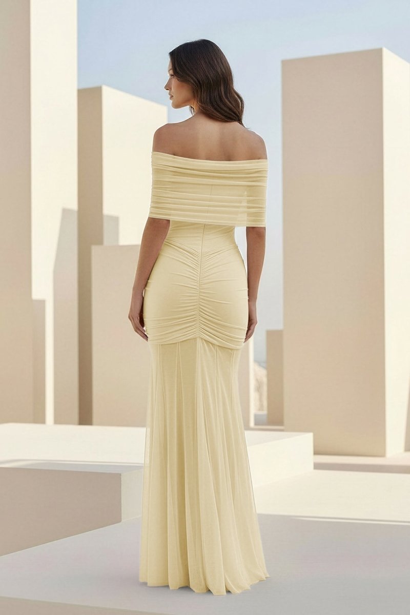 Kessy | Yellow - Mermaid Off The Shoulder Ruched Tulle Long Prom Dresses-KissProm