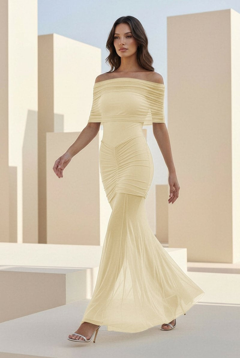 Kessy | Red - Mermaid Off The Shoulder Ruched Tulle Long Prom Dresses - KissProm