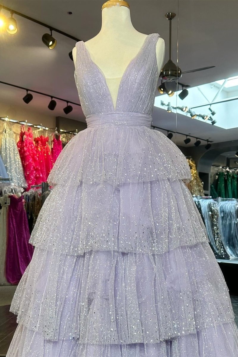 Khloe | Lavender Tulle Sequin V - Neck Ruffle Tiered Long Prom Dress - KissProm