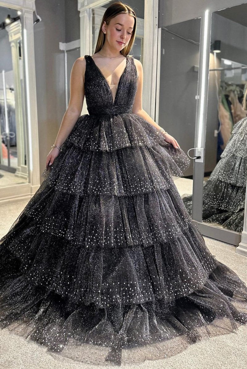 Khloe | Lavender Tulle Sequin V - Neck Ruffle Tiered Long Prom Dress - KissProm