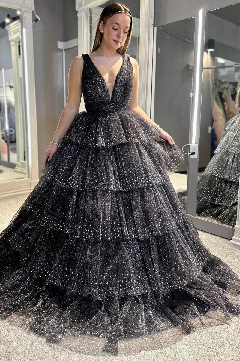 Khloe | Lavender Tulle Sequin V - Neck Ruffle Tiered Long Prom Dress - KissProm